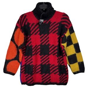 NEW Vintage Mohair Wool Turtleneck Sweater M L Colorblock Plaid Check Fuzzy Knit
